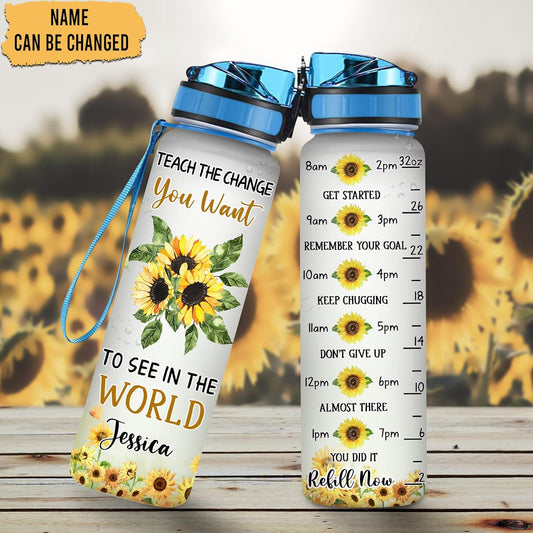Inspirational Sunflower Water Bottle Tracker 32oz – Personalized Motivational Water Bottle with Time Marker – Gift for Women