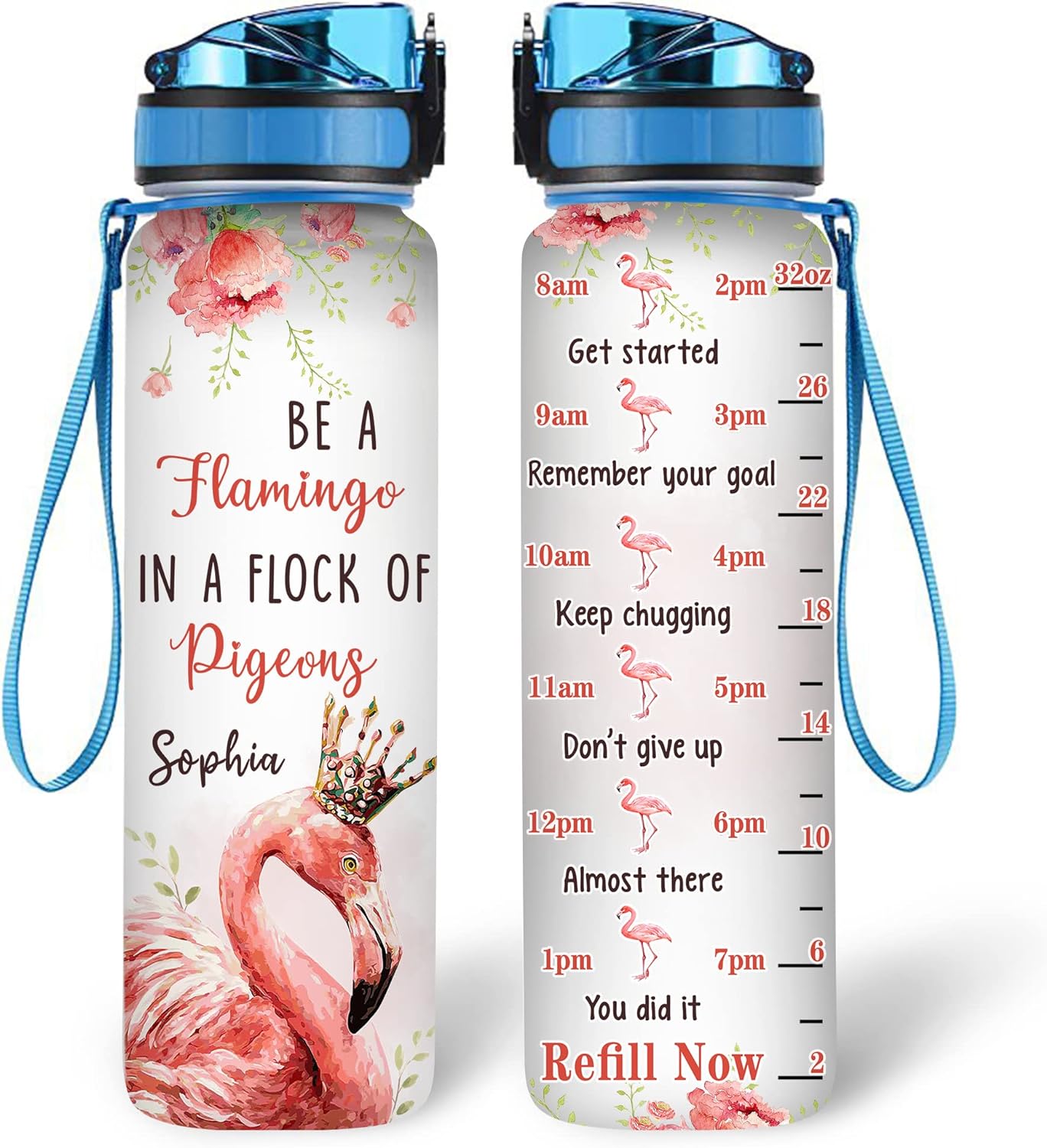 Flamingo Inspiration Water Bottle Tracker 32oz – Personalized Daily Bottle with Time Marker – Unique Gift for Women Flamingo Lovers