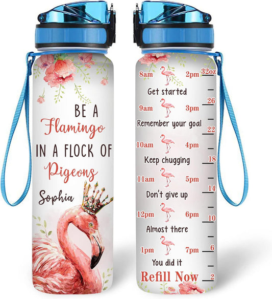 Flamingo Inspiration Water Bottle Tracker 32oz – Personalized Daily Bottle with Time Marker – Unique Gift for Women Flamingo Lovers