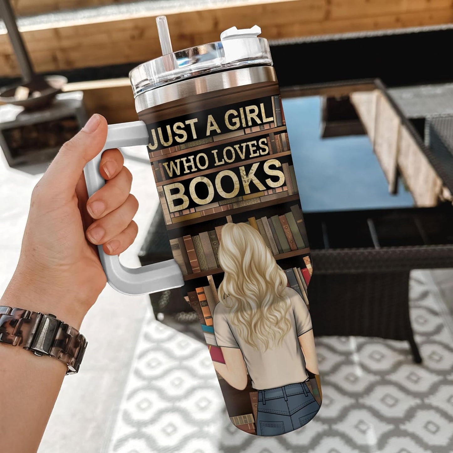 Book Lover Library Tumbler 40oz with Handle & Straw – Personalized Stainless Steel Insulated Travel Cup with Lid – Creative Gift for Readers