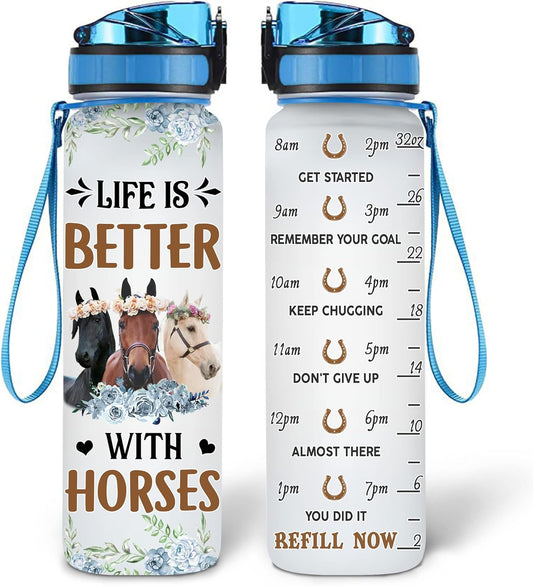 Horse Lovers Water Bottle Tracker 32oz Personalized – Life Is Better with Horses – Durable Leak-Proof Gift for Riders & Equestrians