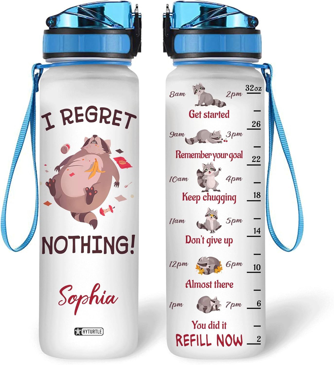 Raccoon Funny Quote Water Bottle Tracker 32oz – Personalized Motivational Bottle with Time Marker – Unique Gift for Animal Lovers