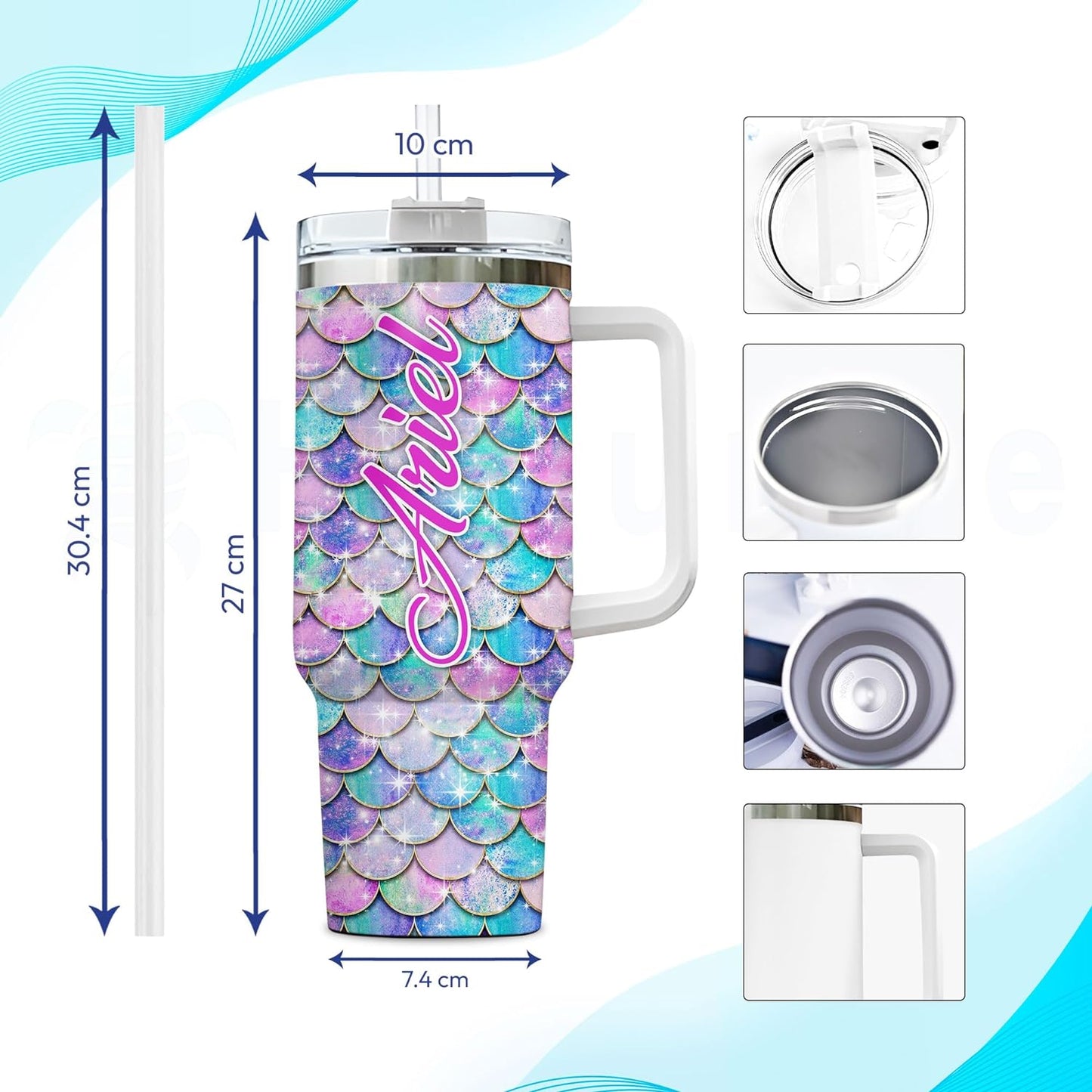 Mermaid Tail Tumbler 40oz with Handle & Straw – Personalized Stainless Steel Insulated Travel Cup with Lid – Unique Gift for Mermaid Lovers