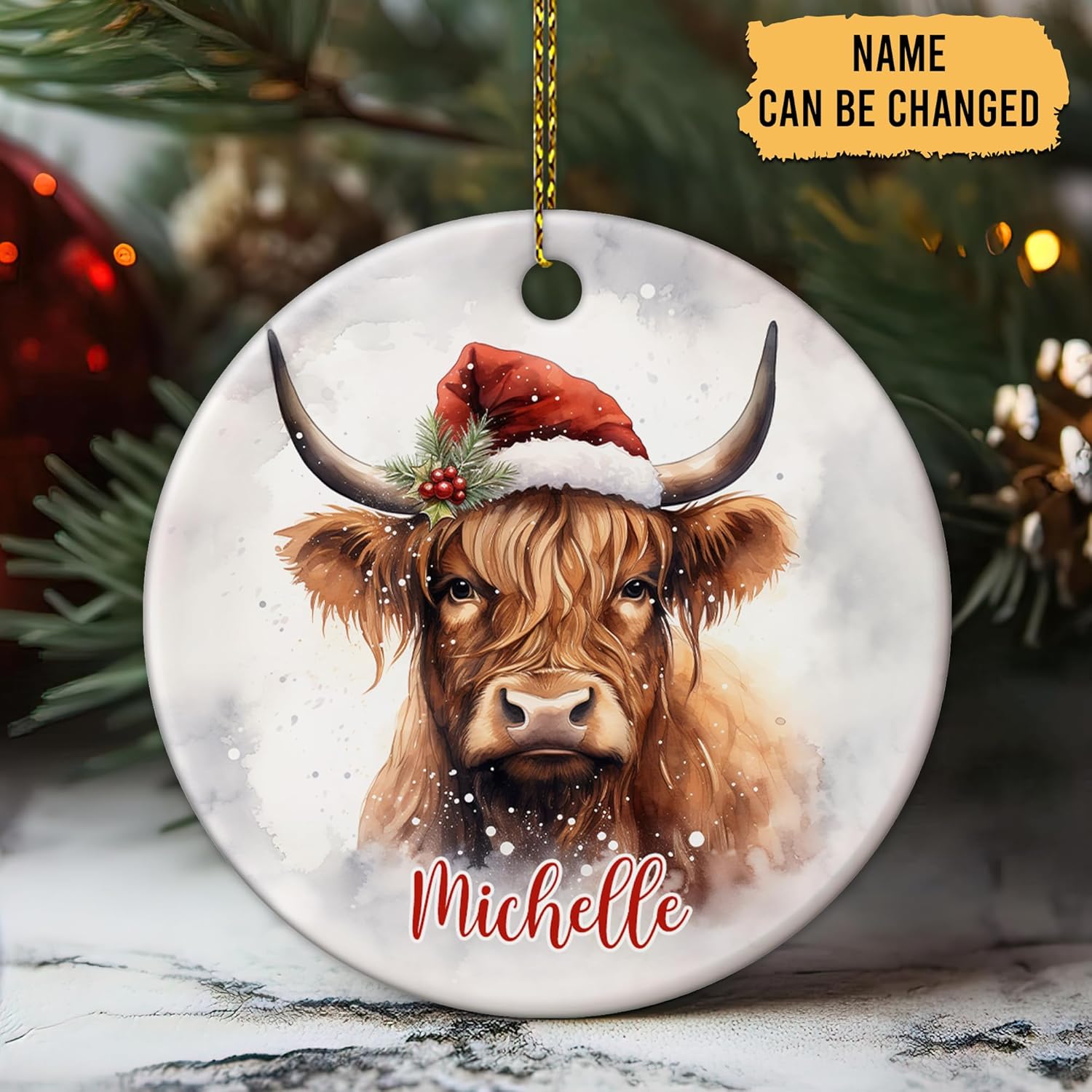Highland Cow Christmas Ceramic Ornament – Personalized Double-Sided Glossy Tree Decoration – Keepsake Gift for Highland Cow Lovers