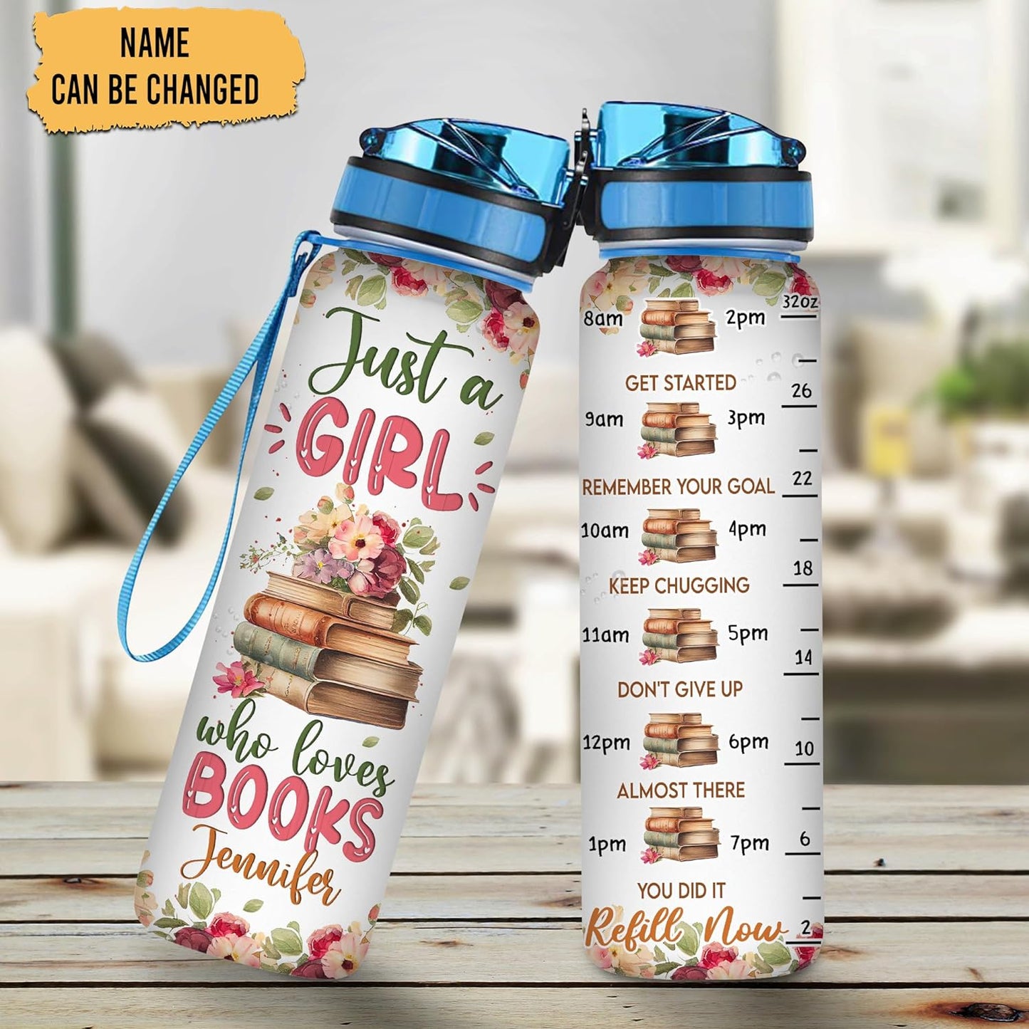Book Lovers Water Bottle Tracker 32oz Personalized – Reading Theme Hydration Bottle – Graduation or Birthday Gift for Readers