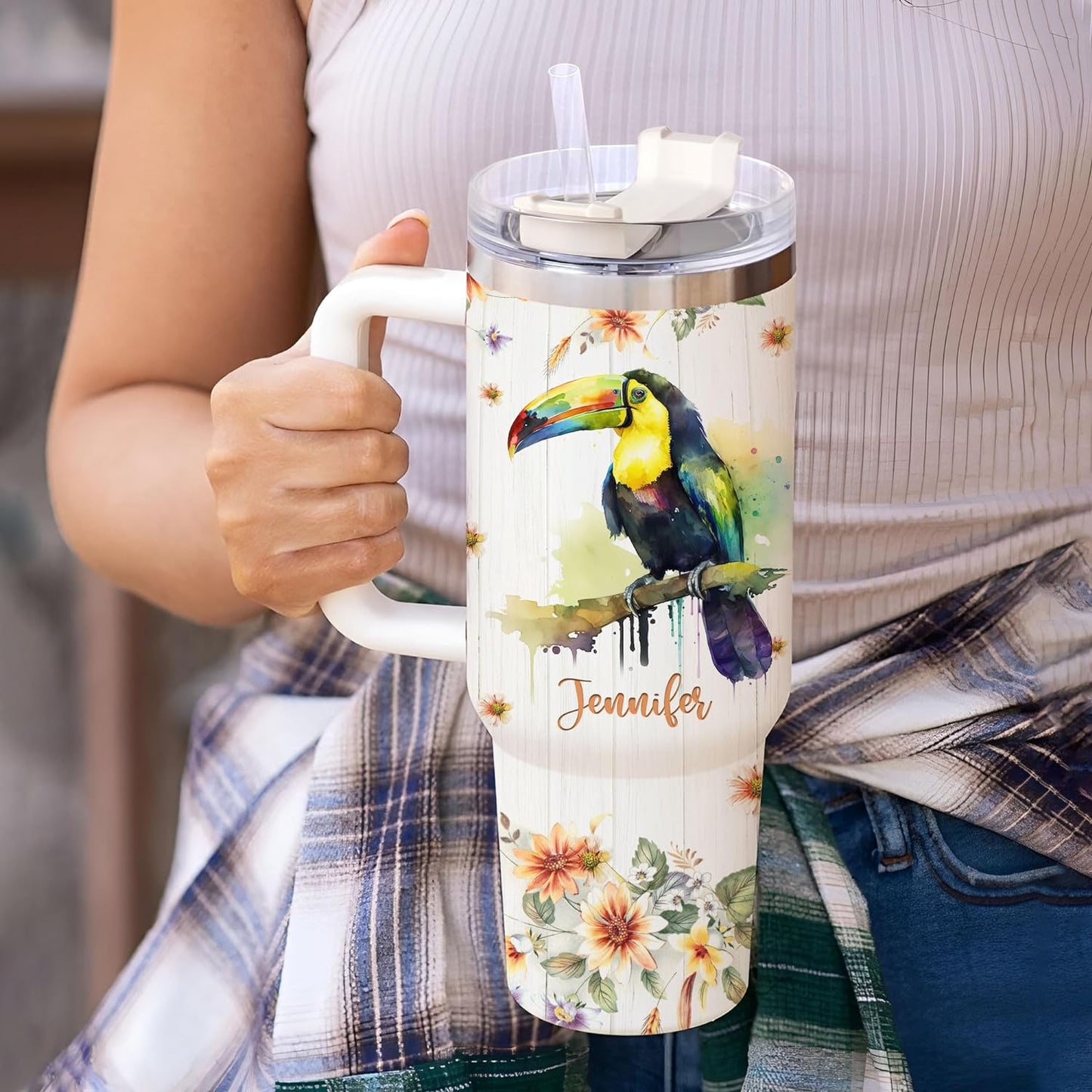 Toucan Tumbler 40oz – Personalized Stainless Steel Insulated Travel Cup with Handle & Straw – Tropical Bird Coffee Mug Gift for Women