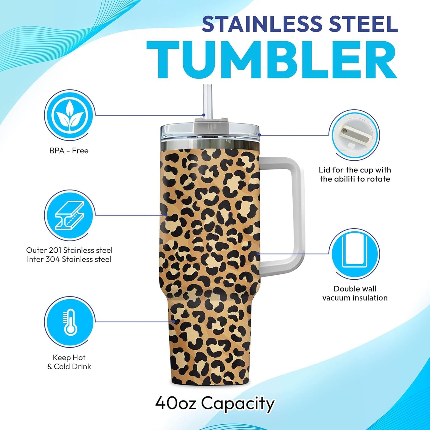 Leopard Print Tumbler 40oz with Handle & Straw – Personalized Stainless Steel Insulated Travel Cup with Lid – Stylish Gift for Women