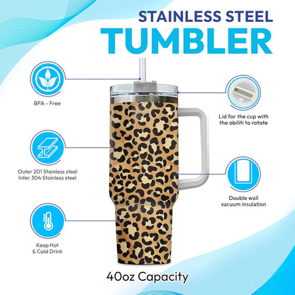 Leopard Print Tumbler 40oz with Handle & Straw – Personalized Stainless Steel Insulated Travel Cup with Lid – Stylish Gift for Women