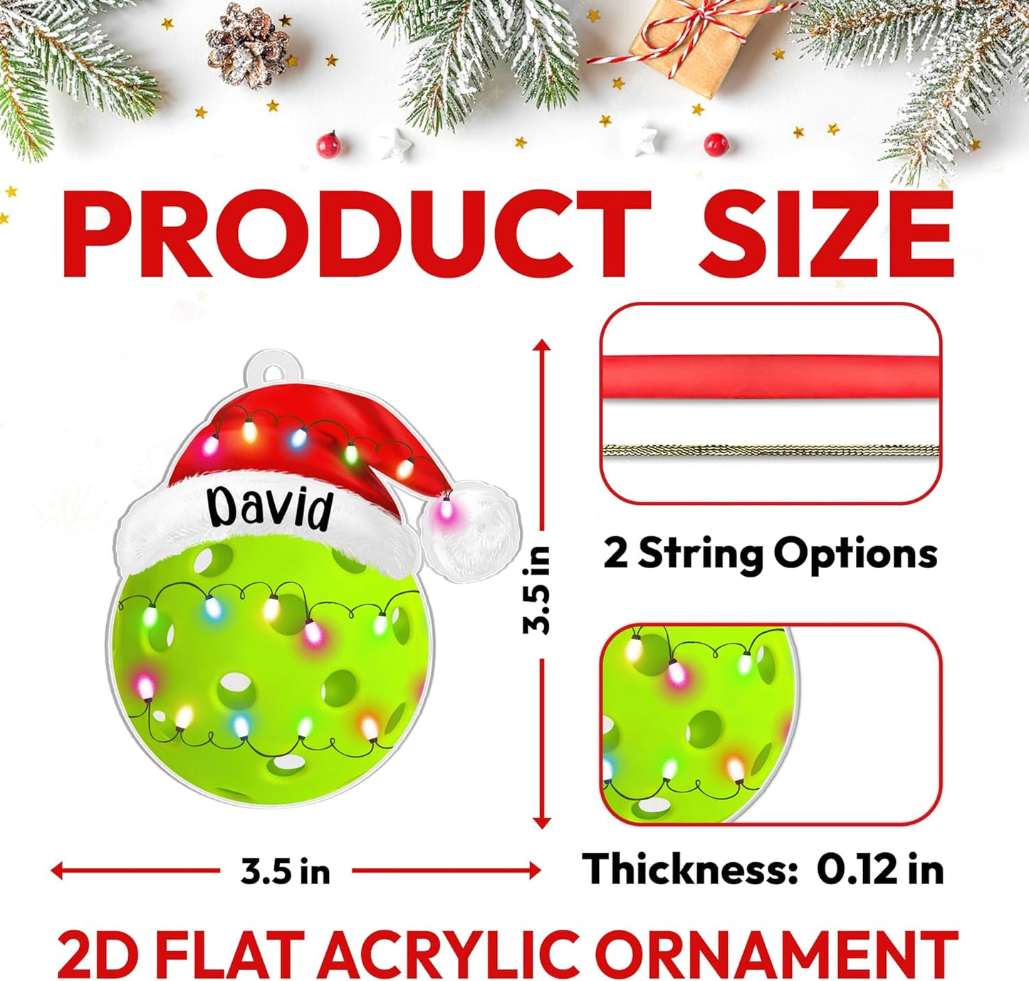 Pickleball ball with Santa hat cut acrylic ornament – personalized 2D flat silhouette, custom name holiday gift for pickleball player, coach or fan