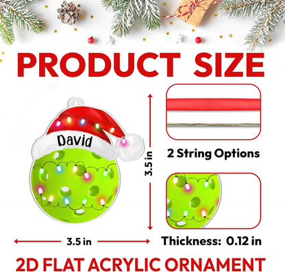 Pickleball ball with Santa hat cut acrylic ornament – personalized 2D flat silhouette, custom name holiday gift for pickleball player, coach or fan