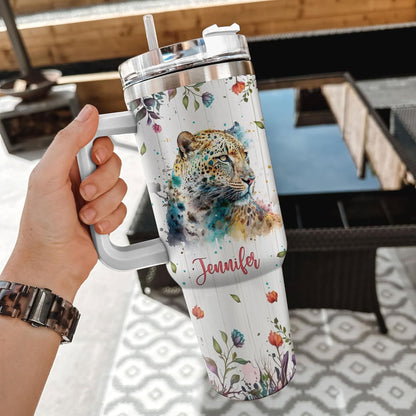 Leopard Watercolor Tumbler 40oz – Personalized Stainless Steel Insulated Cup with Handle & Straw – Stylish Gift for Leopard Lovers