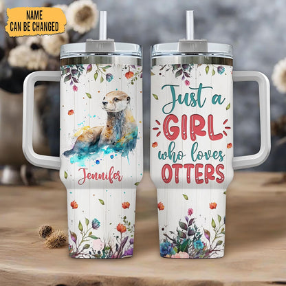 Cute Otter Tumbler 40oz with Handle & Straw – Personalized Stainless Steel Insulated Travel Cup with Lid – Fun Gift for Ocean Lovers