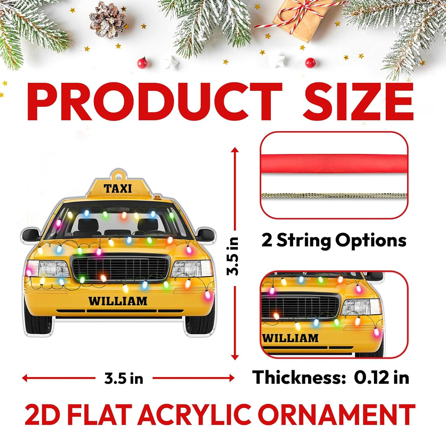 Taxi cab with festive lights cut acrylic ornament – personalized 2D flat silhouette, custom name Christmas keepsake gift for taxi driver appreciation or retirement