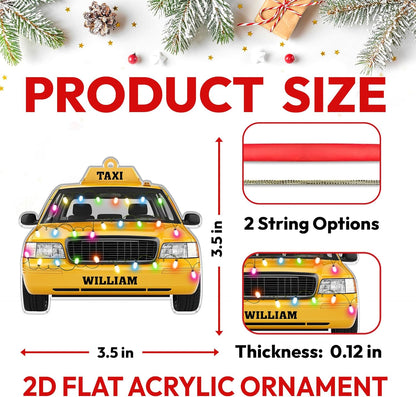 Taxi cab with festive lights cut acrylic ornament – personalized 2D flat silhouette, custom name Christmas keepsake gift for taxi driver appreciation or retirement