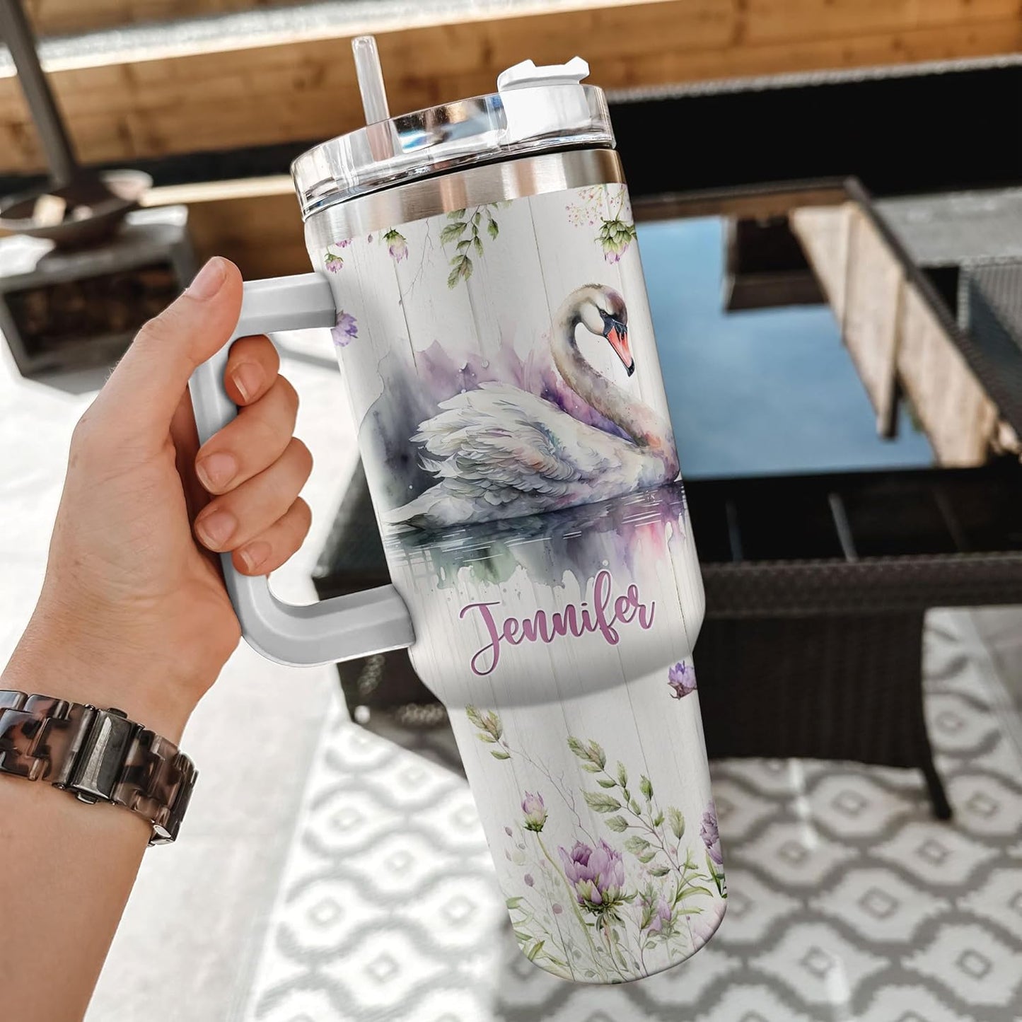Swan Tumbler 40oz – Personalized Stainless Steel Insulated Travel Cup with Handle & Straw – Elegant Bird Coffee Mug Gift for Women