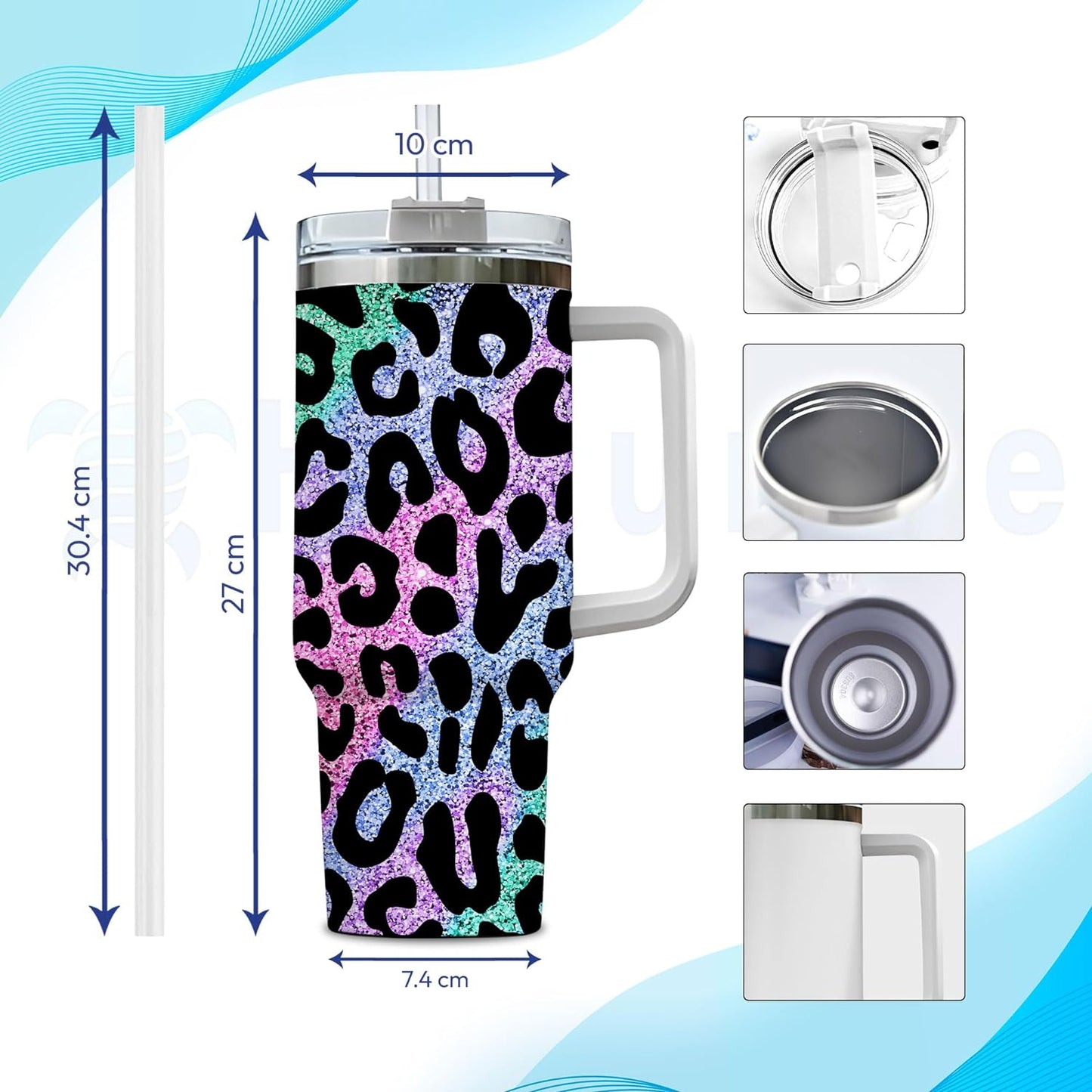 Colorful Leopard Print Tumbler 40oz with Handle & Straw – Personalized Stainless Steel Insulated Cup with Lid – Creative Gift for Women
