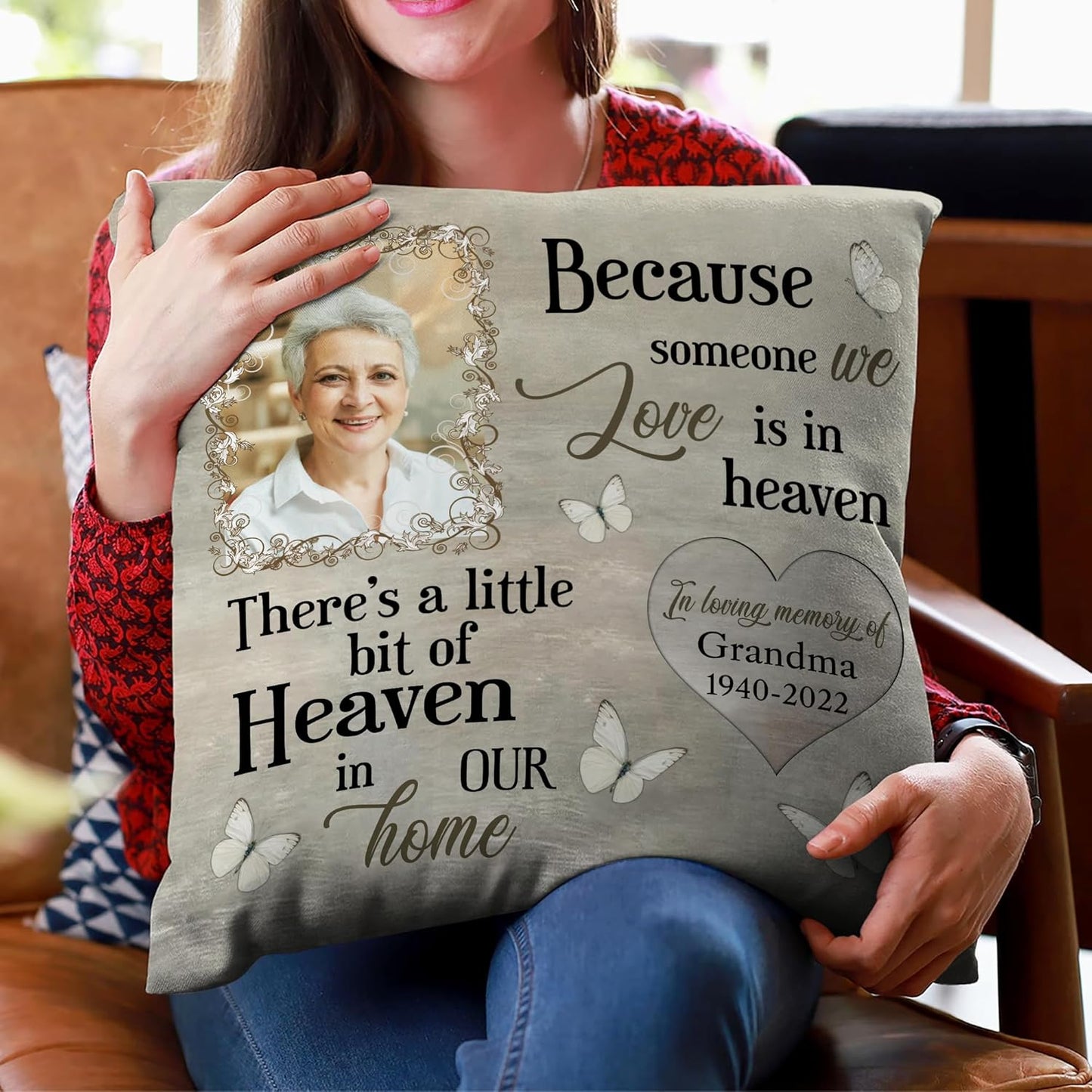 Because Someone We Love Is in Heaven – Personalized Memorial Pillow with Insert – Butterfly Remembrance Cushion Gift for Family and Friends
