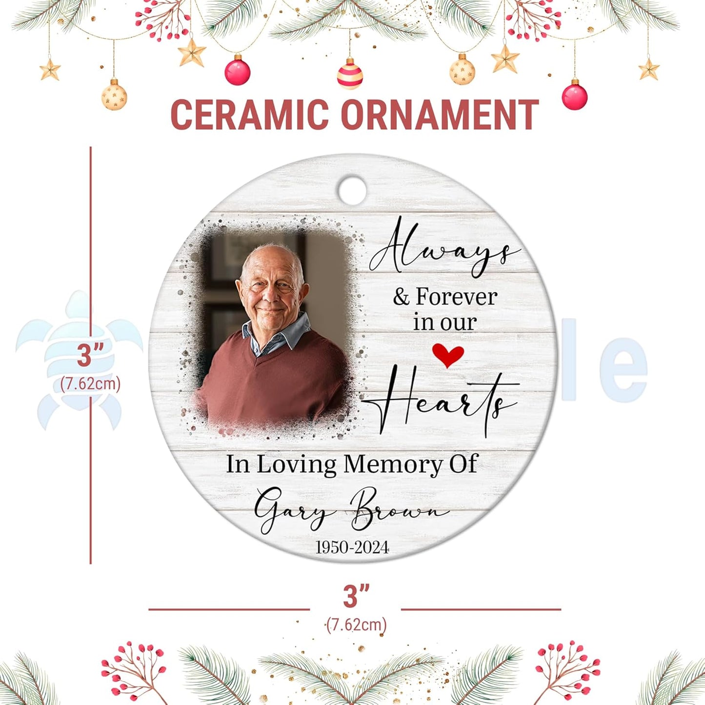Wood-Look Photo Memorial Ceramic Ornament – Personalized Remembrance Gift for Loss of Loved One at Christmas