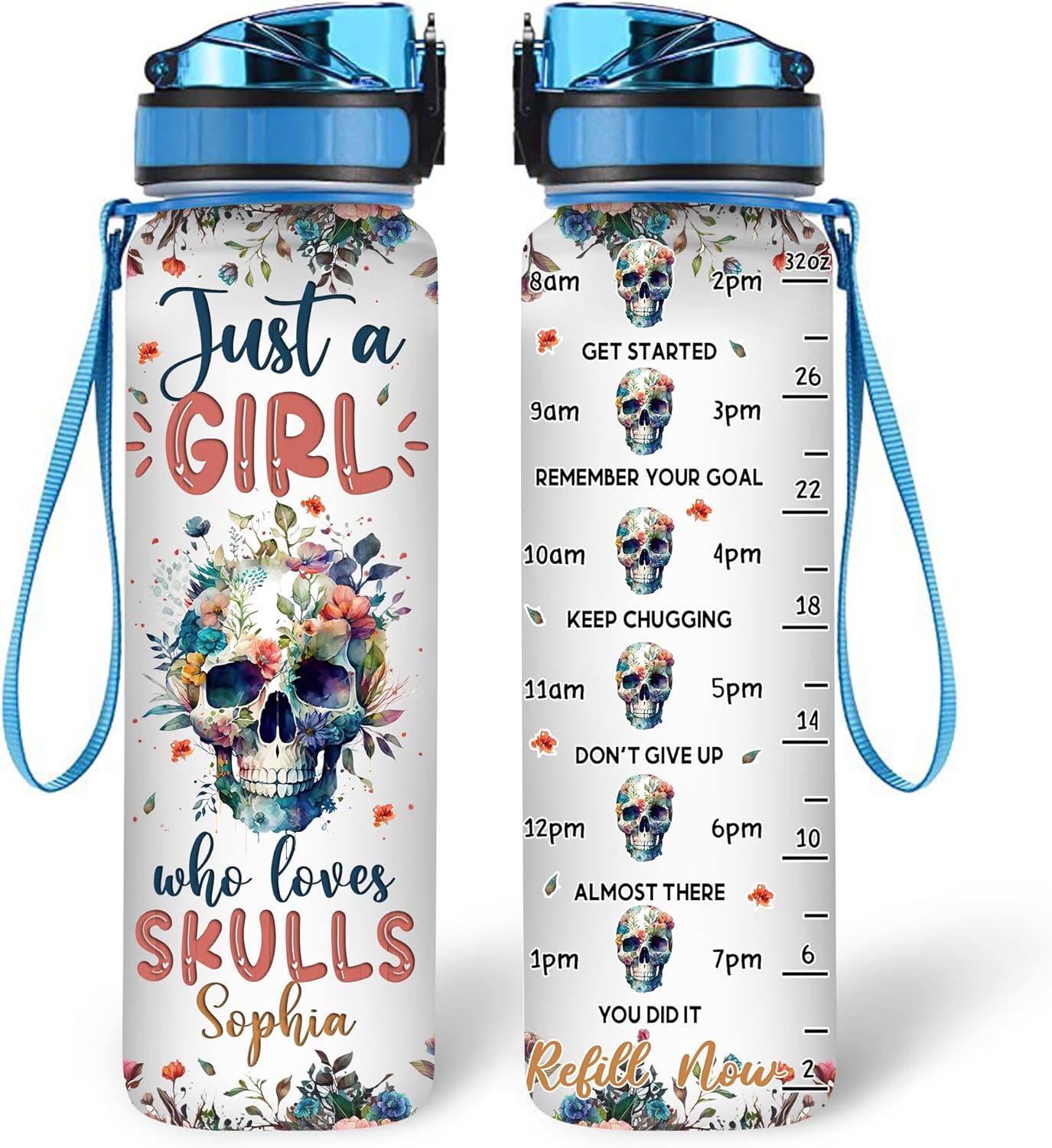 Gothic Skull Water Bottle Tracker 32oz – Personalized Motivational Bottle with Time Marker – Creative Gift for Skull Lovers