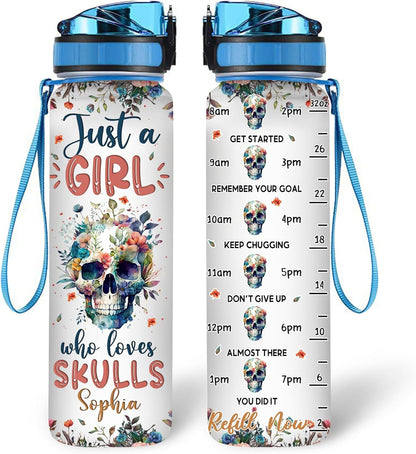 Gothic Skull Water Bottle Tracker 32oz – Personalized Motivational Bottle with Time Marker – Creative Gift for Skull Lovers