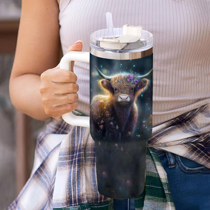Highland Cow Night Glow Tumbler 40oz with Handle & Straw – Personalized Stainless Steel Insulated Cup with Lid – Creative Gift for Animal Lovers