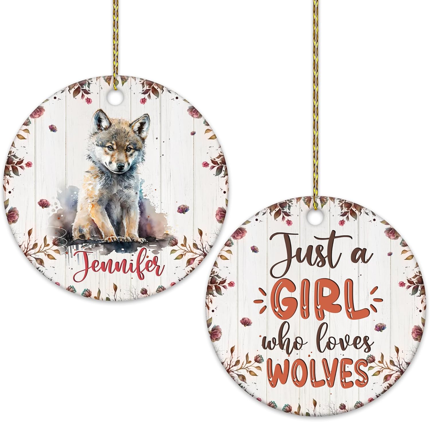 Wolf Ceramic Ornament  Personalized Wild Animal Holiday Decoration  Christmas Gift Keepsake for Nature Lovers