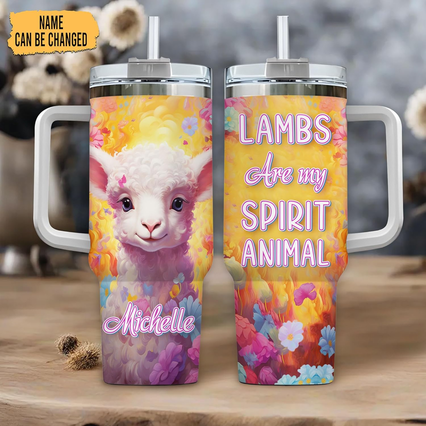Cute Lamb Spirit Animal Tumbler 40oz – Personalized Stainless Steel Insulated Cup with Handle & Straw – Unique Gift for Sheep Lovers