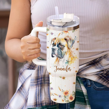 Boxer Lover Tumbler 40oz with Handle & Straw – Personalized Stainless Steel Insulated Travel Mug – Fun Gift for Dog Moms
