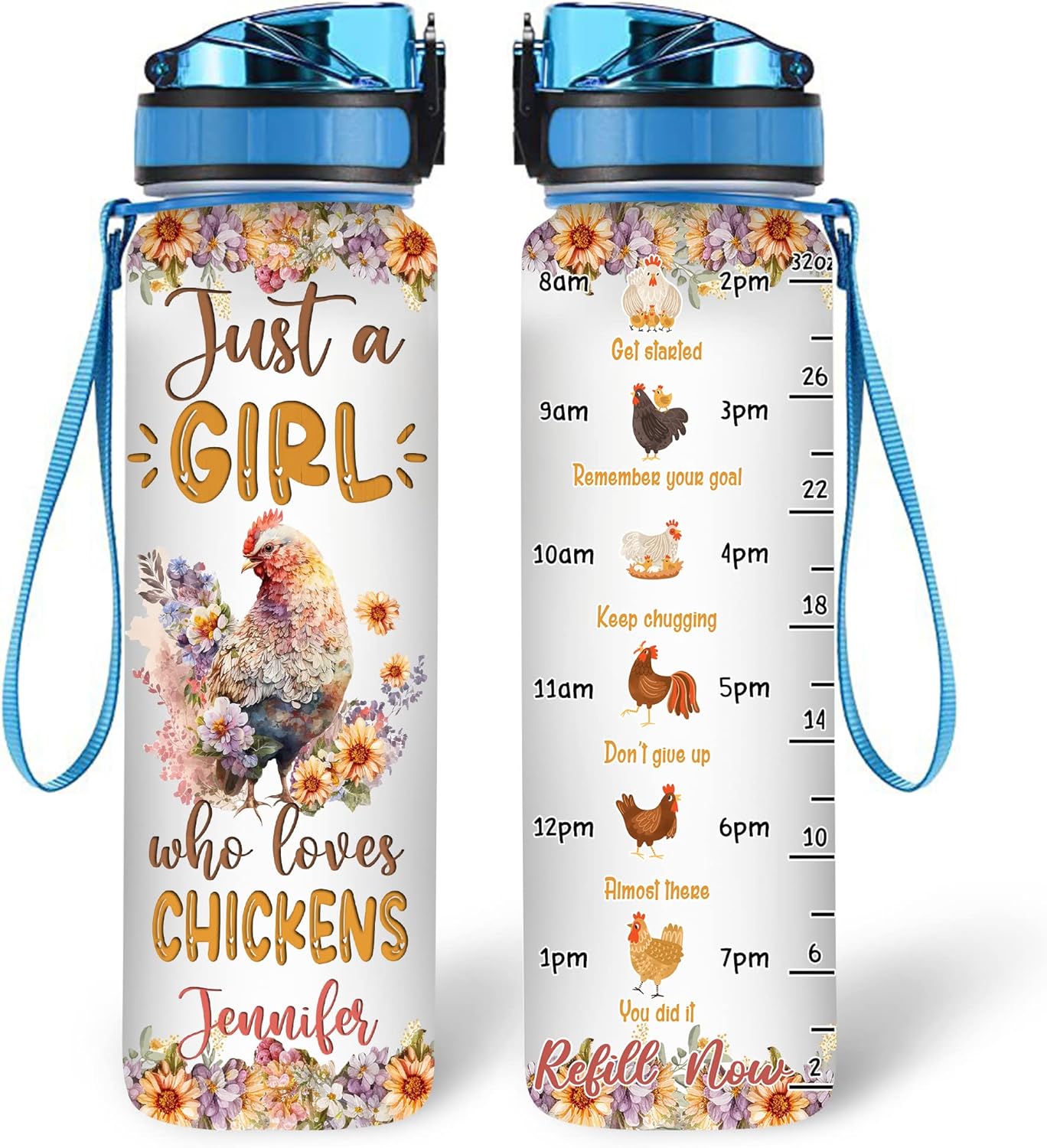 Floral Chicken Water Bottle Tracker 32oz Personalized – Cute Animal Lover Hydration Bottle with Time Marker – Unique Gift for Women Girls