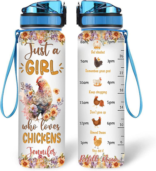 Floral Chicken Water Bottle Tracker 32oz Personalized – Cute Animal Lover Hydration Bottle with Time Marker – Unique Gift for Women Girls