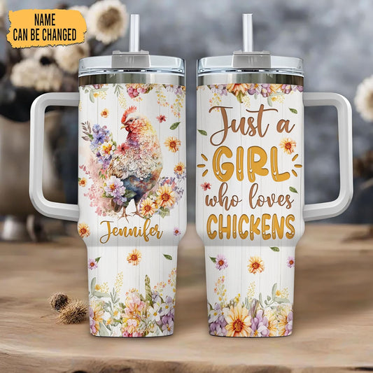 Chicken Floral 40oz Tumbler with Handle & Straw – Personalized Stainless Steel Insulated Travel Cup with Lid – Unique Gift for Farm Animal Lovers