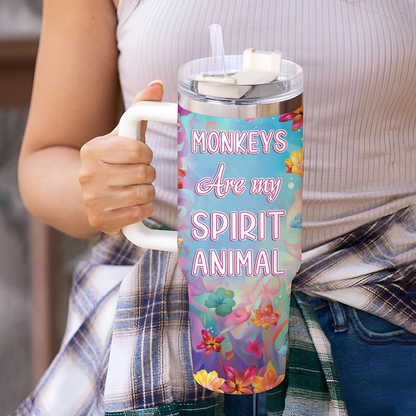 Monkey Lover Tumbler 40oz with Handle & Straw – Personalized Stainless Steel Insulated Travel Cup with Lid – Fun Birthday Gift for Animal Lovers