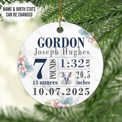 Baby Boy Birth Stats Ceramic Ornament – Personalized Elephant Design Christmas Keepsake for New Parents, Family and Godparents