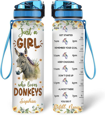 Donkey Lovers Water Bottle Tracker 32oz – Personalized Motivational Bottle with Time Marker – Thoughtful Gift for Animal Fans