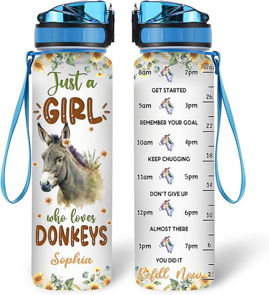 Donkey Lovers Water Bottle Tracker 32oz – Personalized Motivational Bottle with Time Marker – Thoughtful Gift for Animal Fans
