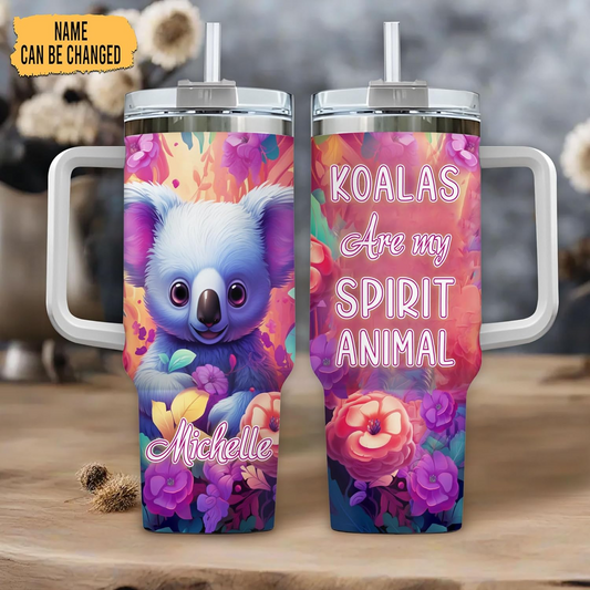 Koala Lover Tumbler 40oz with Handle & Straw – Personalized Stainless Steel Insulated Travel Cup with Lid – Cute Birthday Gift for Animal Lovers