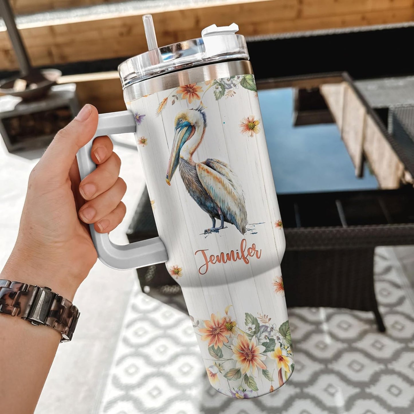 Pelican Tumbler 40oz with Handle & Straw – Personalized Stainless Steel Insulated Travel Cup with Lid – Creative Gift for Ocean Bird Lovers