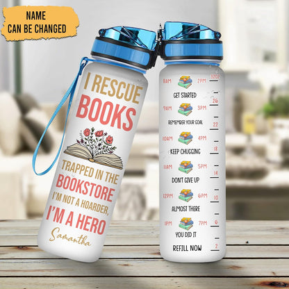 I Rescue Books Water Bottle Tracker 32oz – Personalized Motivational Water Bottle with Time Marker – Gift for Book Lovers