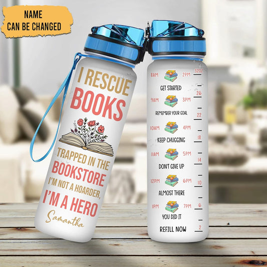 I Rescue Books Water Bottle Tracker 32oz – Personalized Motivational Water Bottle with Time Marker – Gift for Book Lovers
