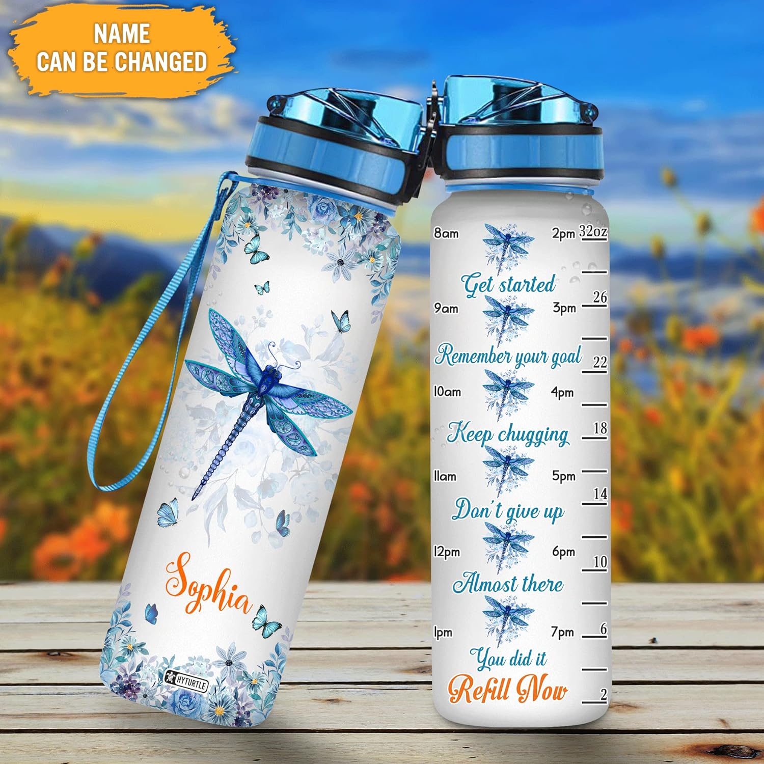 Dragonfly Floral Theme - Personalized Water Tracker Bottle 32oz