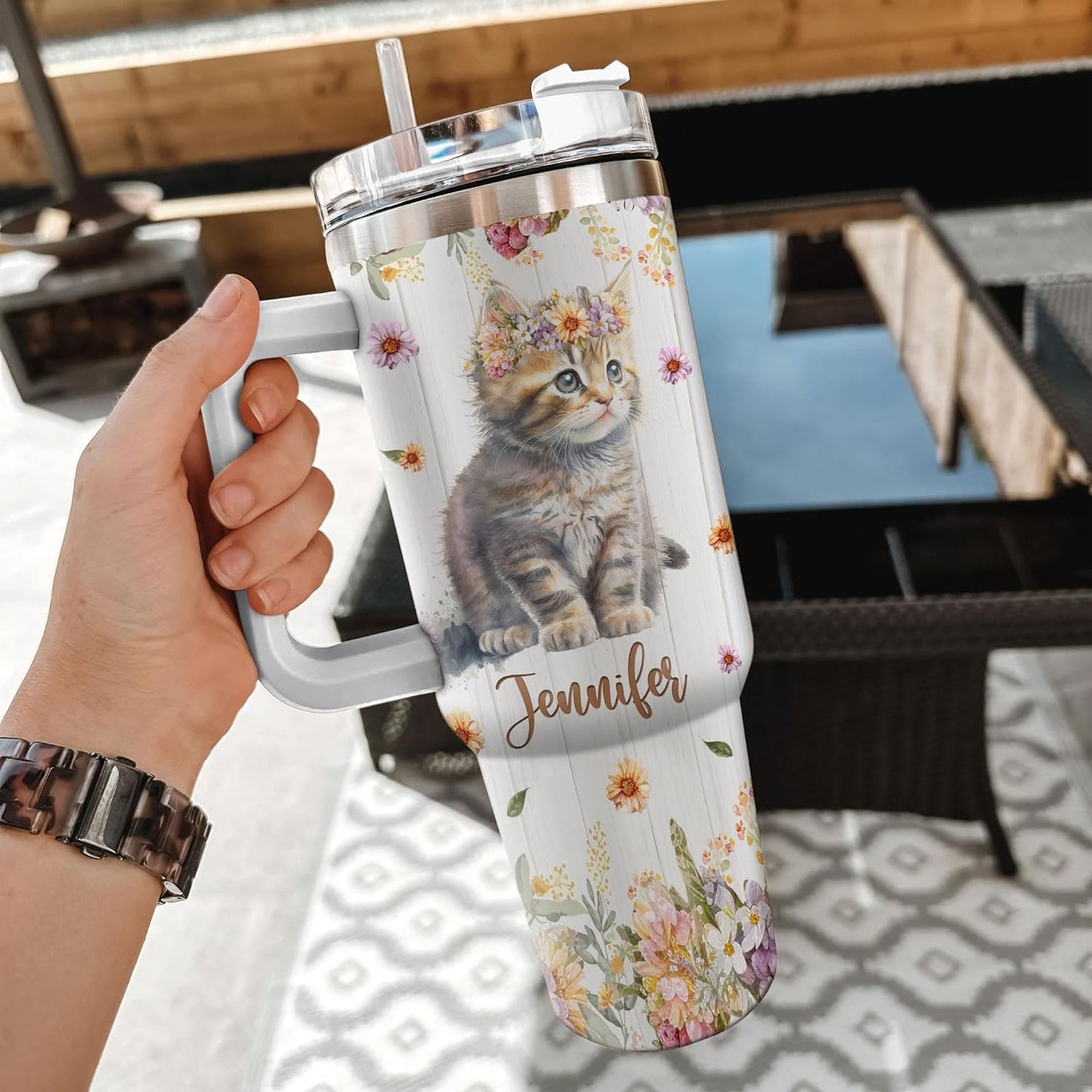 Cat Floral 40oz Tumbler with Handle & Straw – Personalized Stainless Steel Insulated Cup with Lid – Cute Gift for Cat Lovers
