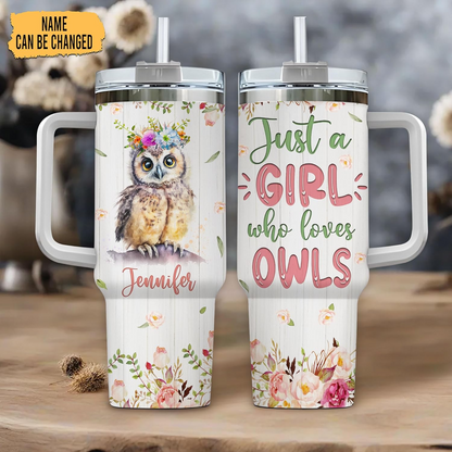 Owl Floral 40oz Tumbler with Handle & Straw – Personalized Stainless Steel Insulated Travel Cup with Lid – Stylish Gift for Animal Lovers