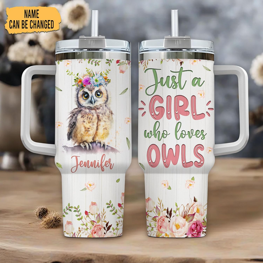 Owl Floral 40oz Tumbler with Handle & Straw – Personalized Stainless Steel Insulated Travel Cup with Lid – Stylish Gift for Animal Lovers
