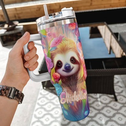 Sloth Lover Tumbler 40oz with Handle & Straw – Personalized Stainless Steel Insulated Cup with Lid – Cute Birthday Gift for Animal Lovers