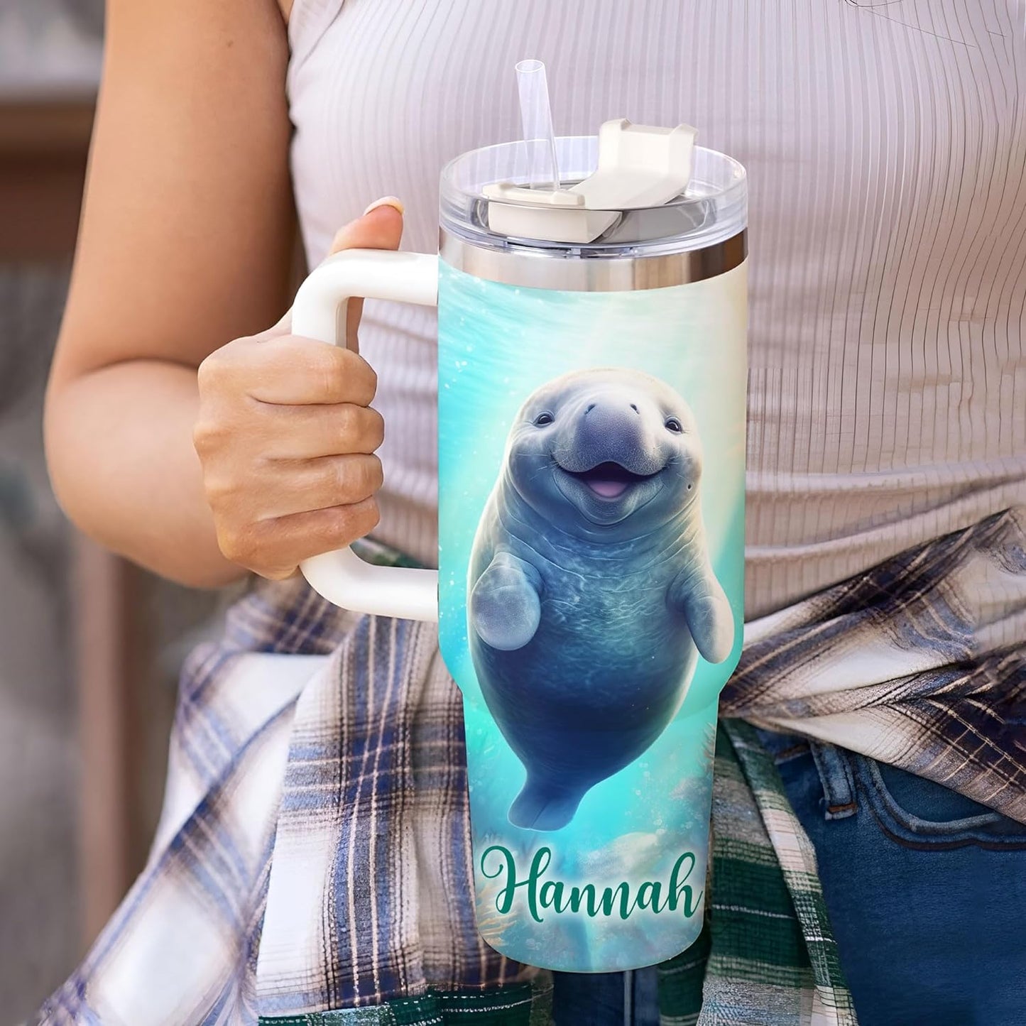 Manatee Lover Tumbler 40oz – Personalized Stainless Steel Insulated Travel Cup with Handle & Straw, Leak-Proof Lid – Unique Sea Animal Gift for Ocean Lovers