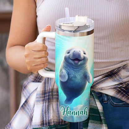 Manatee Lover Tumbler 40oz – Personalized Stainless Steel Insulated Travel Cup with Handle & Straw, Leak-Proof Lid – Unique Sea Animal Gift for Ocean Lovers