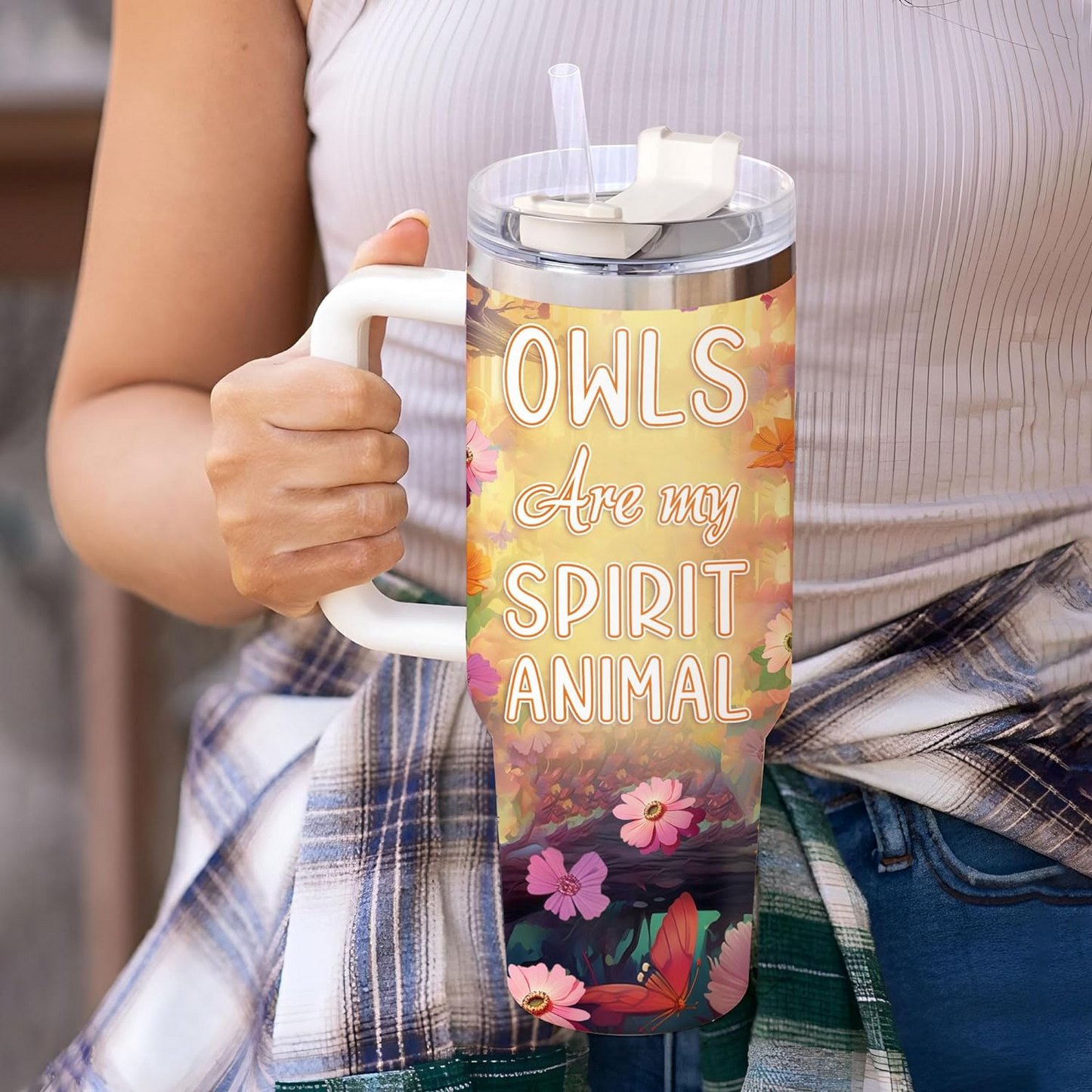 Colorful Owl Tumbler 40oz with Handle & Straw – Personalized Stainless Steel Cup with Lid – Cute Bird Lover Gift for Women & Girls