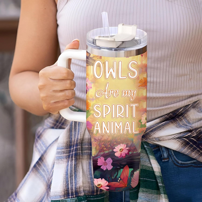 Colorful Owl Tumbler 40oz with Handle & Straw – Personalized Stainless Steel Cup with Lid – Cute Bird Lover Gift for Women & Girls
