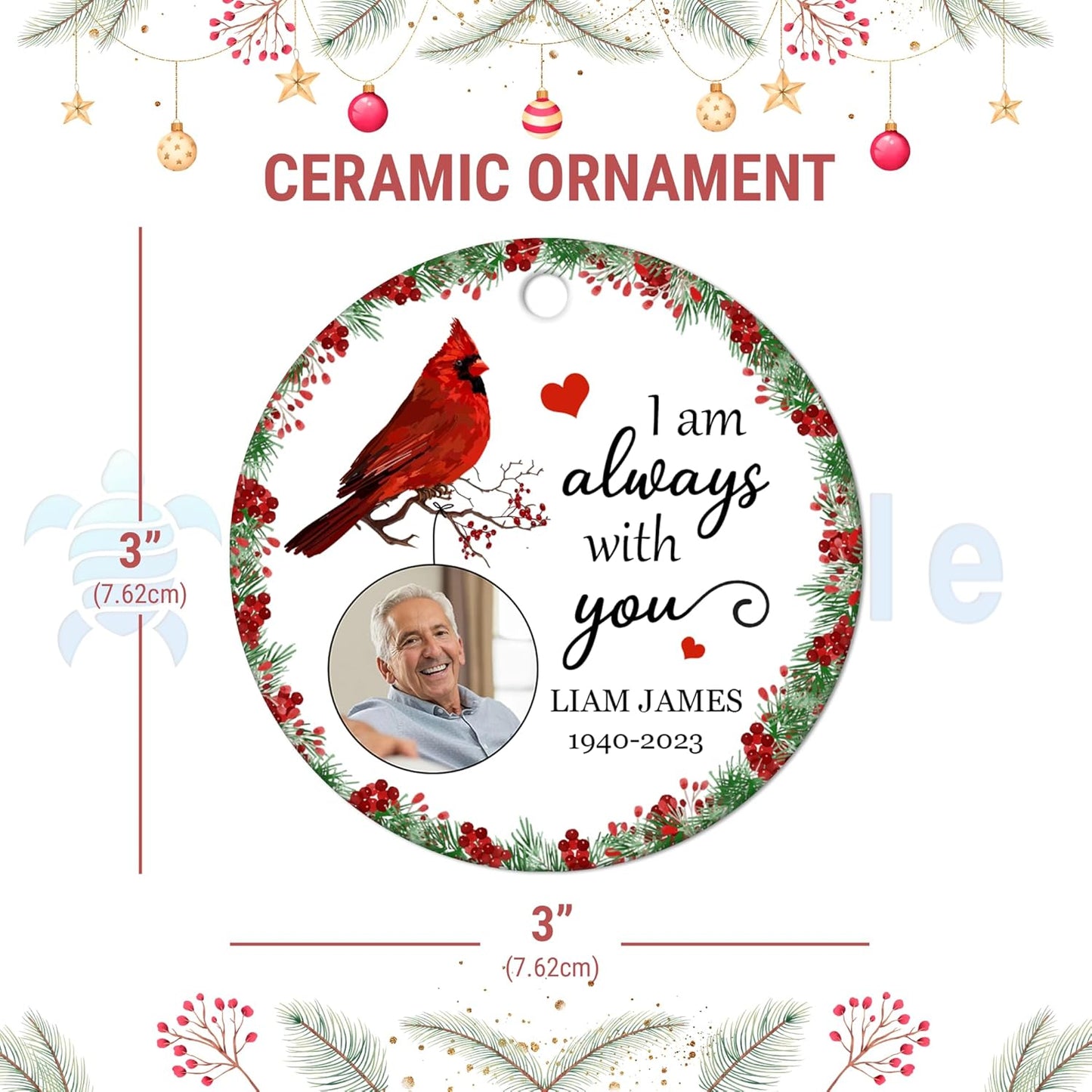 Cardinal Wreath Memorial Ceramic Ornament – Personalized Photo Remembrance Gift for Loss, Sympathy or Christmas Tribute
