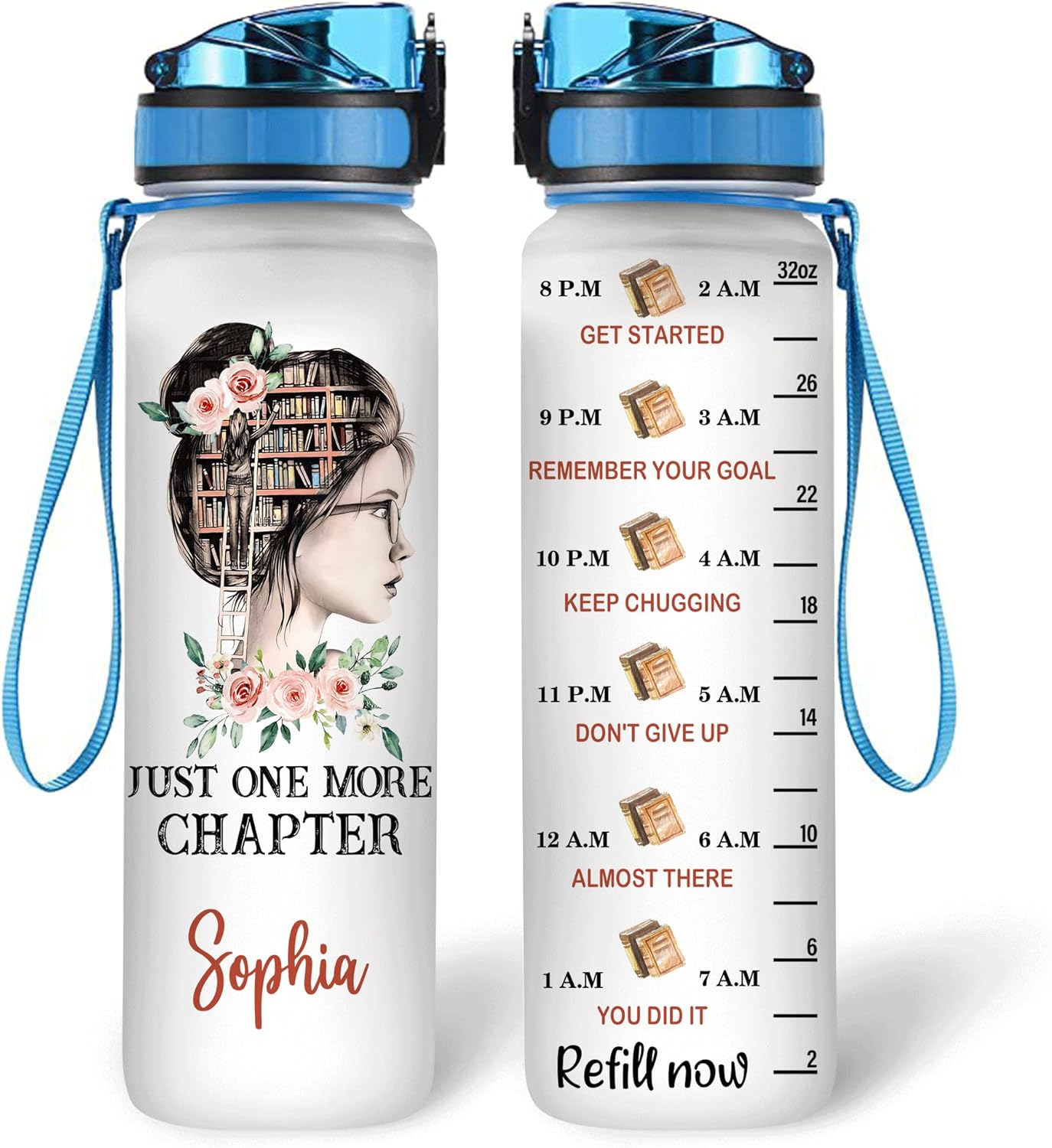 Just One More Chapter Water Bottle Tracker 32oz – Personalized Motivational Hydration Bottle – Thoughtful Gift for Book Lovers